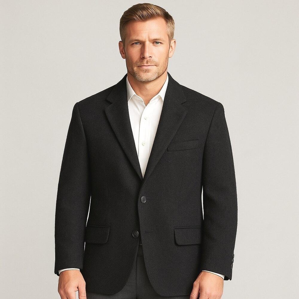 100% Camel Hair Blazer 42R Black Two-Button Jacket Coat Luxury Casual Classic